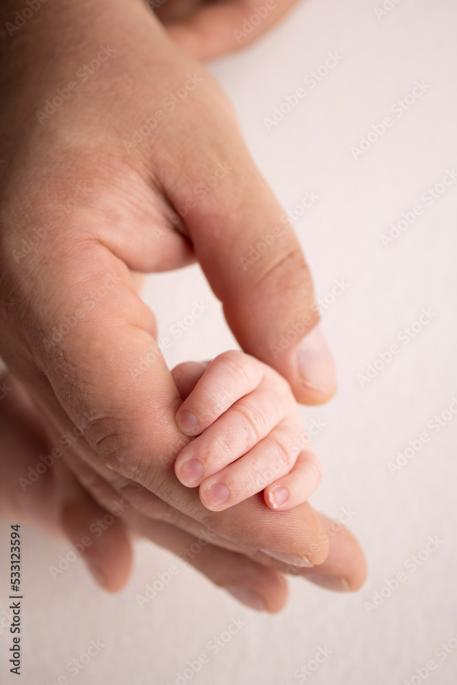 The hand of a sleeping newborn in the hand of parents, mother and father close-up. Tiny fingers of a newborn. The family is holding hands. Studio macro photography. Concepts of family and love. The hand of a sleeping newborn in the hand of parents, mother and father close-up. Tiny fingers of a newborn. The family is holding hands. Studio macro photography. Concepts of family and love.