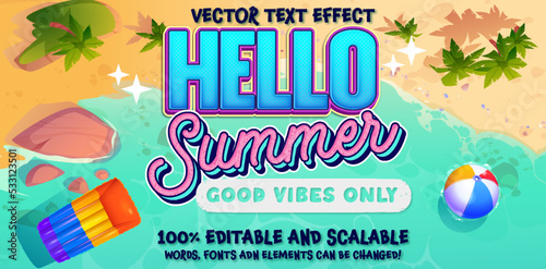 Summer season vector design. Hello summer editable typography text effect in tropical holiday elements in sand beach background for fun and enjoy outdoor day vacation. Vector illustration