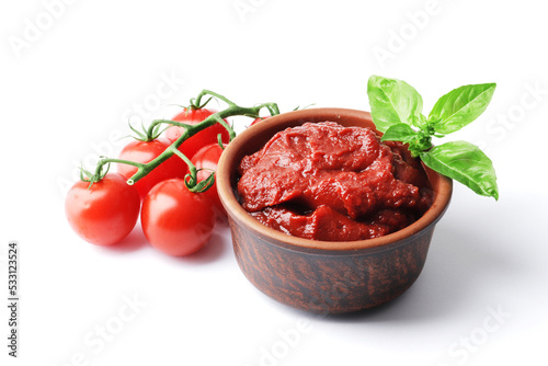 Ripe fresh tomatoes on a white plate, tomato sauce. Cooking ingredient. Fragrant spice green basil. For design.bowl with tomato sauce basil and fresh tomatoes isolated on white background.