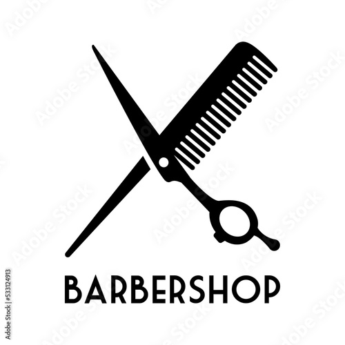 Logo con texto Barbershop con silueta de tijera de peluquero con peine en aspa en color negro