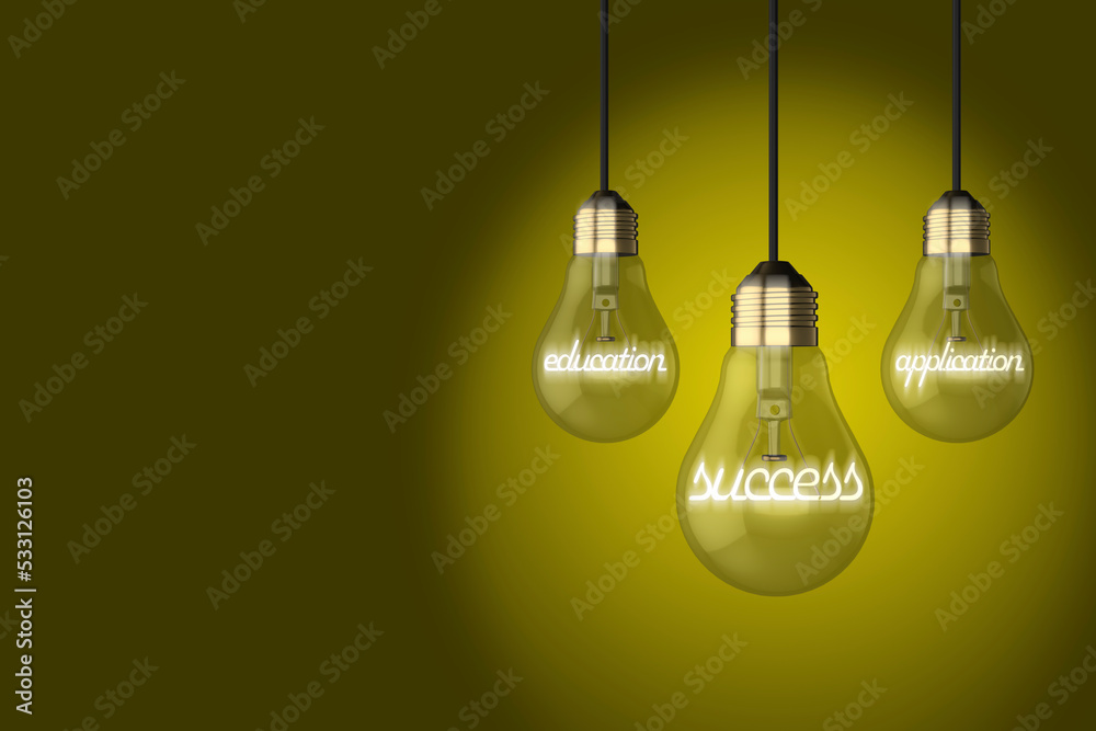 Education concept old style light bulb light bulbs education application success concept glowing text on a lime yellow background Education concept old style light bulb light bulbs education application success concept glowing text on a lime yellow background