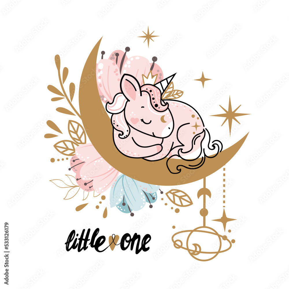 Cute little unicorn sleeping on the moon in boho style. Baby shower ...