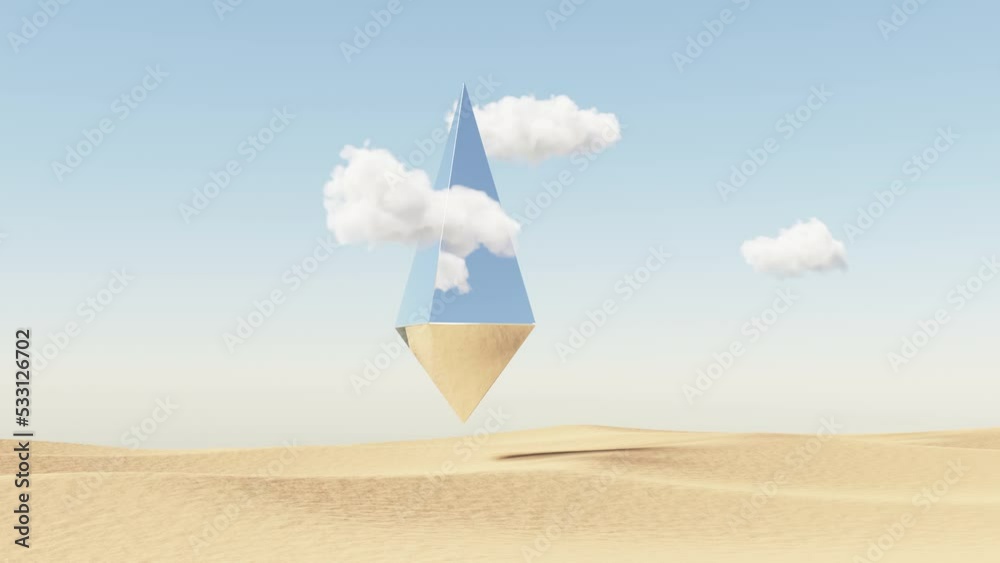 Desert landscape with an anomalous floating object. Desert sky with clouds and foreign artifact.