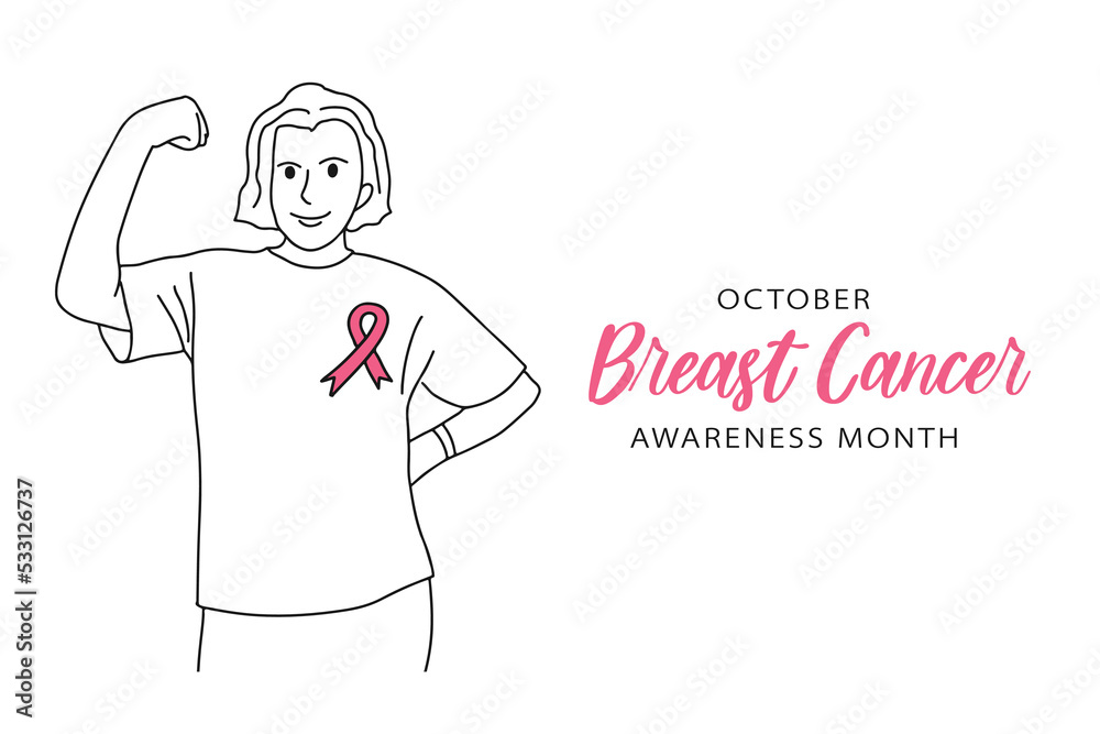 Breast Cancer Awareness Month October banner with copy space. Happy confident woman showing muscle, pink ribbon badge. Vector hand drawn style black and white simple contour line drawing of female