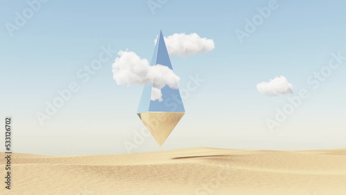 Desert landscape with an anomalous floating object. Desert sky with clouds and foreign artifact.