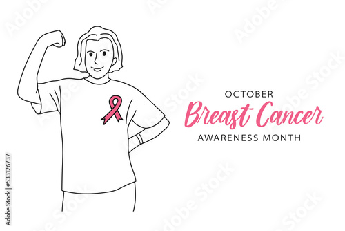 Breast Cancer Awareness Month October banner with copy space. Happy confident woman showing muscle, pink ribbon badge. Vector hand drawn style black and white simple contour line drawing of female photo