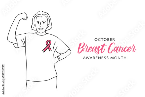 Breast Cancer Awareness Month October banner with copy space. Happy confident woman showing muscle, pink ribbon badge. Vector hand drawn style black and white simple contour line drawing of female