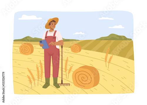 Agronomist with notebook checking agricultural business at farm. Farmer on field with hay bales, harvesting season. Vector in flat style, flat cartoon character