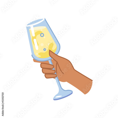 White wine with bubbles in high wineglass, sommelier or bartender in bar or restaurant with alcohol drink in hand. Vector gourmet winery product, man or woman hold glass of champagne