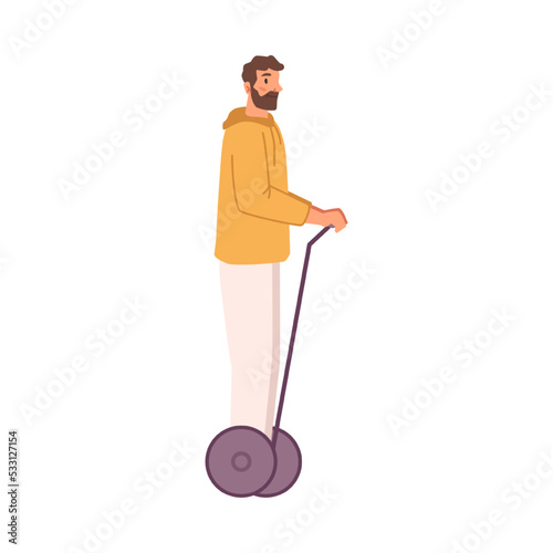 Ecologically friendly transport, isolated male character riding on gyro board. Balancing man riding on street. Sustainable vehicles vector in flat style
