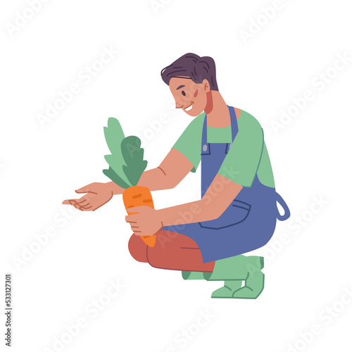 Farming and agriculture, isolated woman personage planting carrots and working on field. Growing organic food vegetables. Flat cartoon character, vector in flat style
