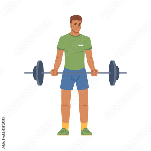 Male personage working out in gym lifting barbell. Isolated bodybuilder or athlete doing exercises and growing muscles. Flat cartoon character, vector in flat style