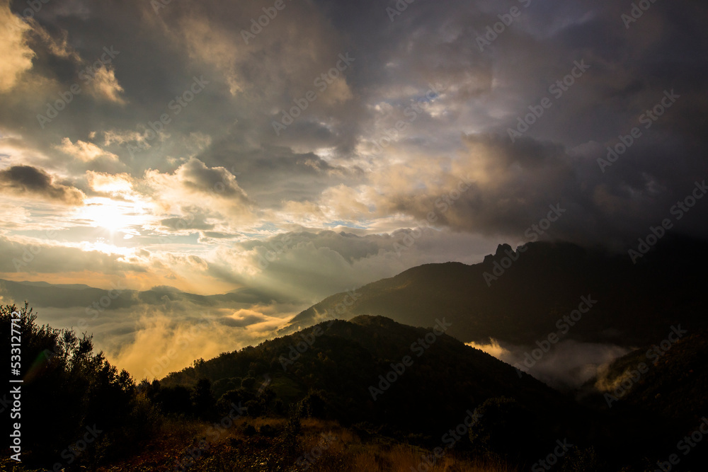 Autumn sunrise in Puigsacalm peak, La Garrotxa, Spain Autumn sunrise in Puigsacalm peak, La Garrotxa, Spain