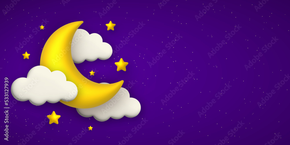 Night sky background with cute 3d clouds, golden moon and stars. Vector illustration.