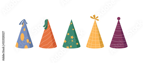 Birthday celebration decoration for party and holiday. Isolated paper cone hats with decorative prints. Partying and having fun. Vector in flat cartoon style