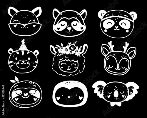 Fototapeta Naklejka Na Ścianę i Meble -  Funny set with animals head in boho style in one line style. Vector illustration black and white. T-shirt design, nursery decoration