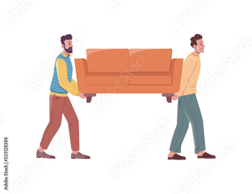 Moving furniture or making rearrangements at home. Isolated people transporting couch. Male characters carrying piece of sofa. Vector in flat cartoon style