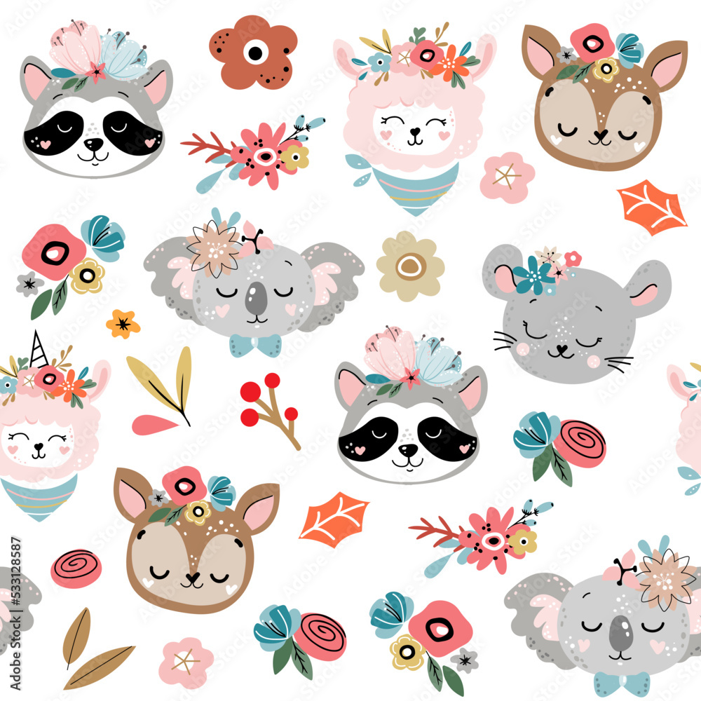 Fototapeta premium Head funny animals boho style seamless pattern on a white background. Vector illustration on white background. T-shirt design