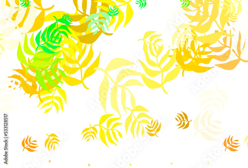 Light Green, Yellow vector doodle backdrop with leaves.