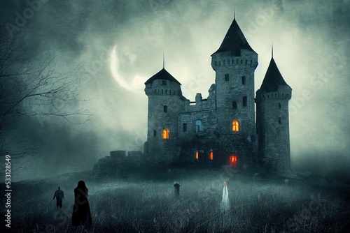 illustration of a castle in the midnight with ghosts