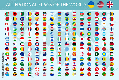 All national flags of the world.  round shape with shadow flag isolated on white background