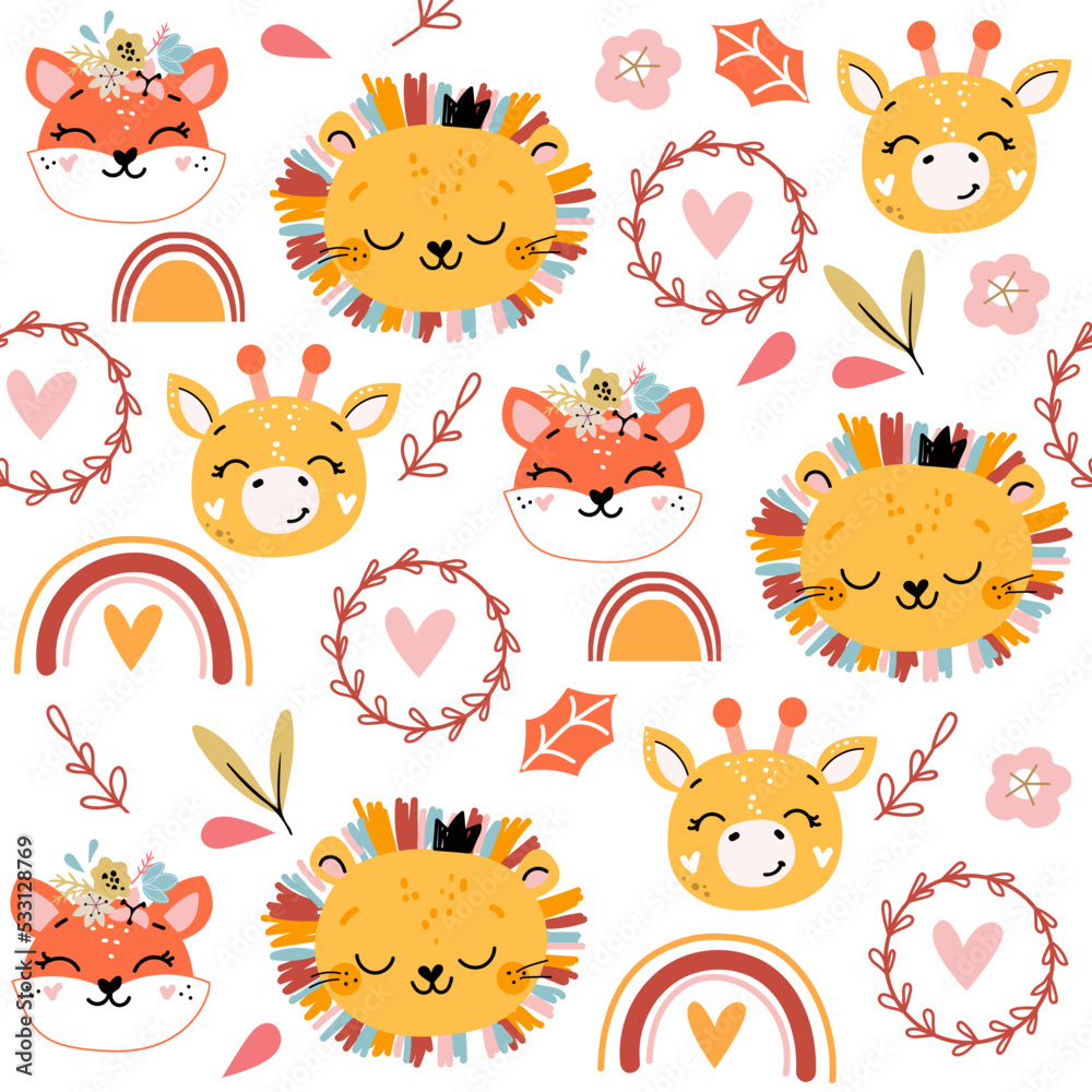 Head of fox, giraffe, lion in boho style seamless pattern. Vector illustration on white background. T-shirt design
