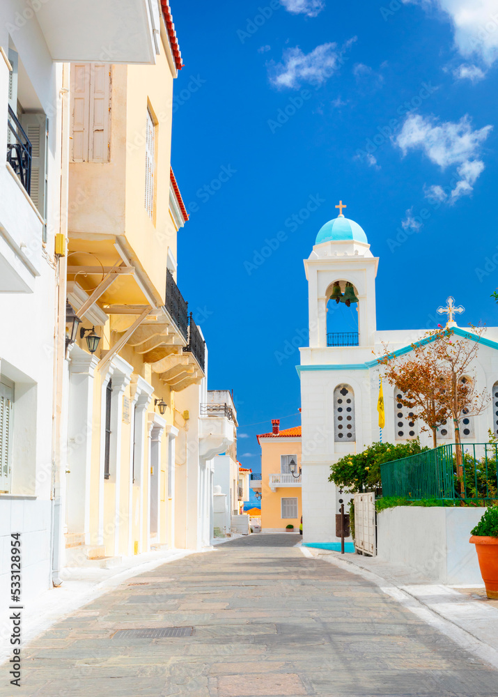 View of Chora town on the beautiful Andros island in Cyclades, Greece, Europe