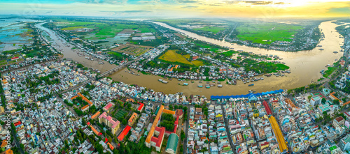 Chau Doc city, An Giang Province, Viet Nam, aerial view. This is a city bordering Cambodia in the Mekong Delta region of Vietnam.