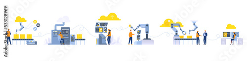 Assembly line with robotic arms and workers Male and female factory workers engineers Automated production process User connecting with a tablet and sharing data with a cyber-physical system Vector