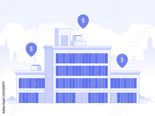 House selection and search, house project, real estate business concept. Find commercial real estate for your business. Choose criteria for office. Vector illustration