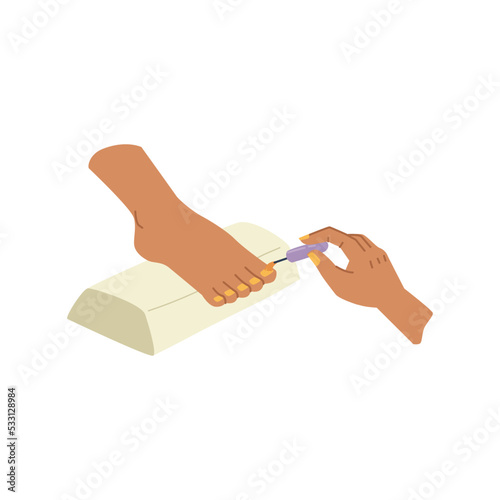 Pedicure and professional chiropody treatment in spa salon or beauty center. Isolated female leg with specialist hand applying coat. Vector in flat cartoon style