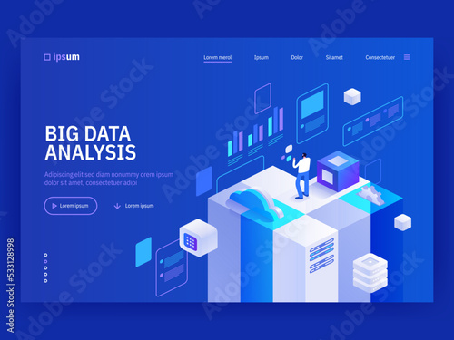 Big data analysis website landing page template. Abstract 3d datacenter. Network mainframe infrastructure. Computer storage or farming workstation. Isometric vector illustration.