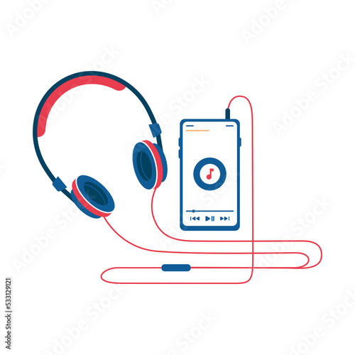 Smartphone with headphones, isolated gadget for listening to music and songs on go. Evolution of player, streaming compositions services. Vector in flat cartoon style