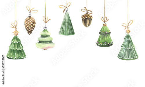Christmas toys  beautiful christmas trees  pine cone and acorn  bright set of pendants  watercolor  winter isolated decors  horizontal border for greeting  invitation cards or print.