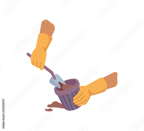 Gardening and taking care of houseplants. Isolated hands in gloves digging hole in soil in pot. Tending and cultivating garden. Pastime vector in flat cartoon style