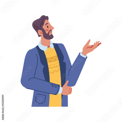 Gesturing businessman wearing formal suit presenting and showing aside with hand. Male character on presentation, working. Vector in flat cartoon style