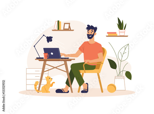 Man using computer at home, distant worker or freelancer with laptop. Male character by desk with lamp, house interior with flowers. Vector in flat cartoon style