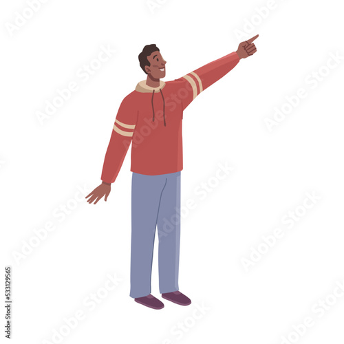 Male character looking up and points with finger above. Exploring and watching starry sky, discovering celestial bodies. Vector in flat cartoon styles