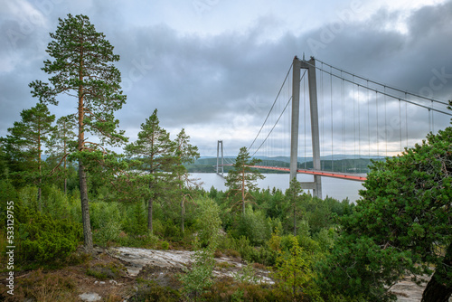 Hogakustenbron, suspension bridge in the High Coast area in Sweedn on a cloudy day. Hoga Kusten trail starting point. © Petr