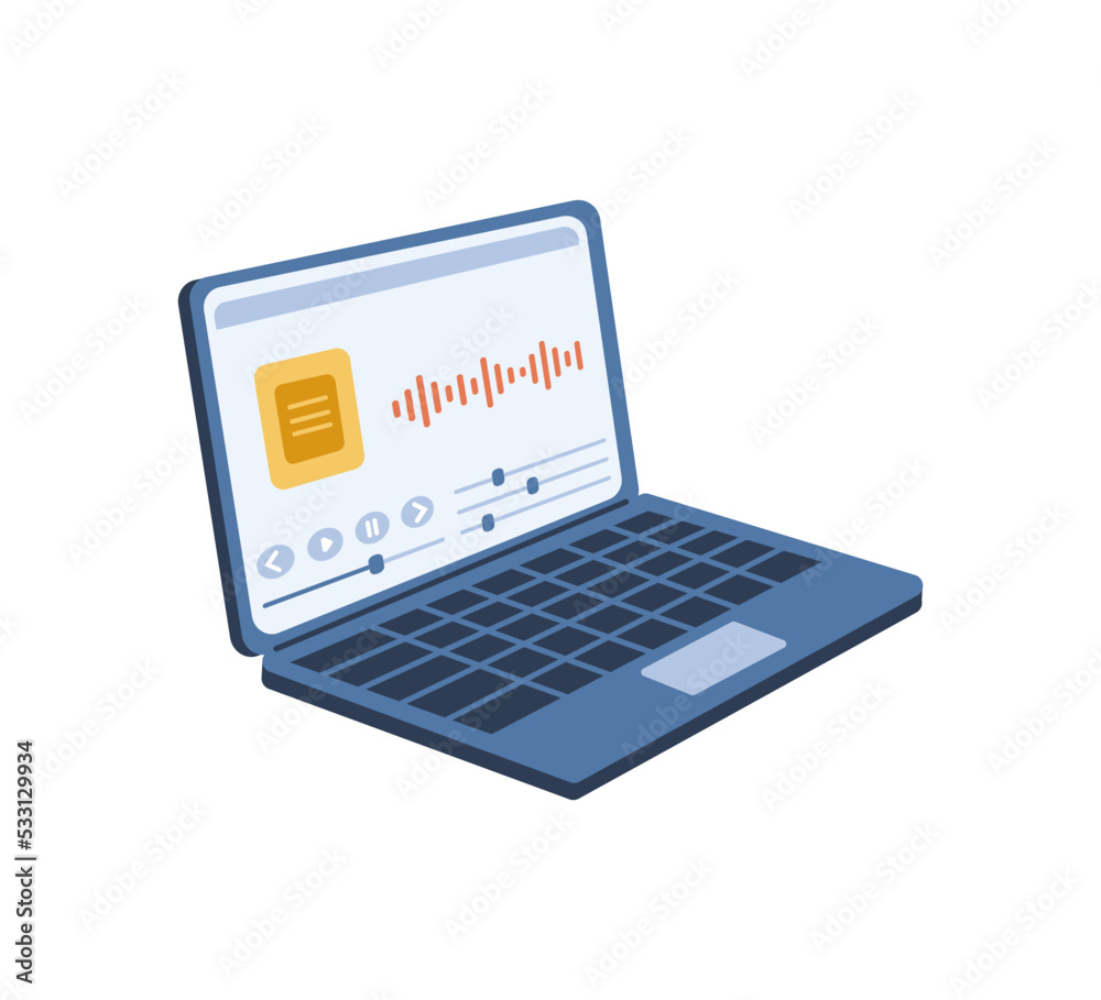 Podcast or music song playing on laptop, isolated personal computer with online streaming platform for education and entertainment. Vector in flat cartoon style Podcast or music song playing on laptop, isolated personal computer with online streaming platform for education and entertainment. Vector in flat cartoon style