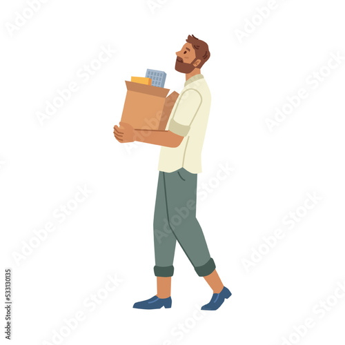 Male character transporting, relocating or moving personal stuff. Isolated man with caton box, carrying container with belongings. Vector in flat cartoon style