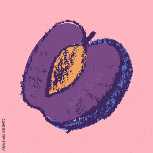Vector Prune icon isolated. Hand drawn plum sketch. Natural damson drawing for baby food logo, juice label design, vegan banner, fruity packaging. Violet French plum symbol for organic jam package.