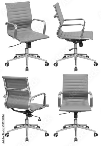 Grey office chair with chrome coating. Isolated from the background. View from different sides