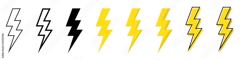 Thunder bolt vector icon. Lightning icons. Electrical sign. Thunderbolt symbol on white background. Electric concept stock vector illustration. Flash logo set. Thunder bolt vector icon. Lightning icons. Electrical sign. Thunderbolt symbol on white background. Electric concept stock vector illustration. Flash logo set.