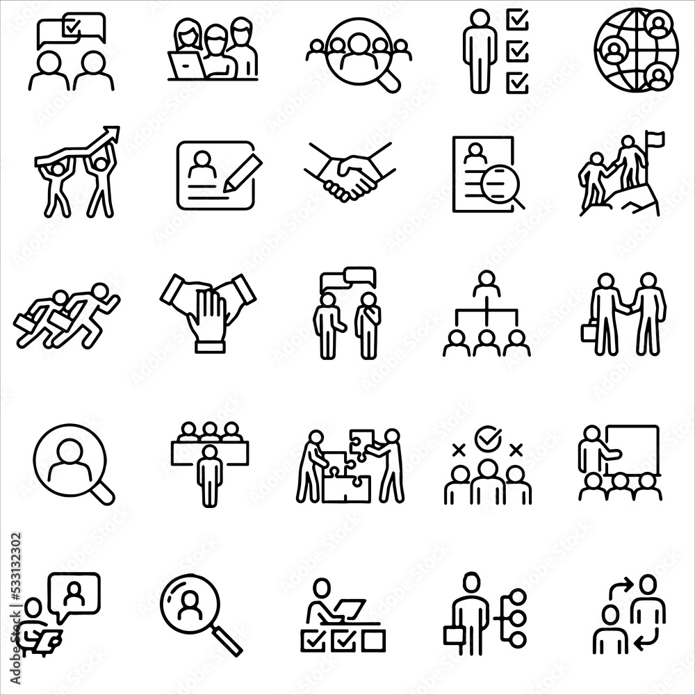 Human resource, icon set. Job hunting and employee search. Interview ...