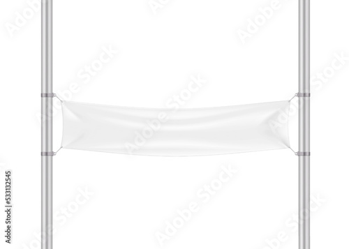 White blank across the street banner vector mockup. Empty horizontal advertising streamer sign on street poles mock-up. Template for design