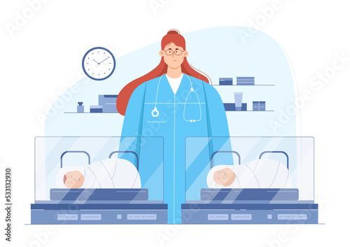 Neonatal hospital vector illustration. Cartoon neonatologist standing near newborn baby incubator with infant kids, doctor pediatrician examining small boys and girls. Neonatology, childcare concept