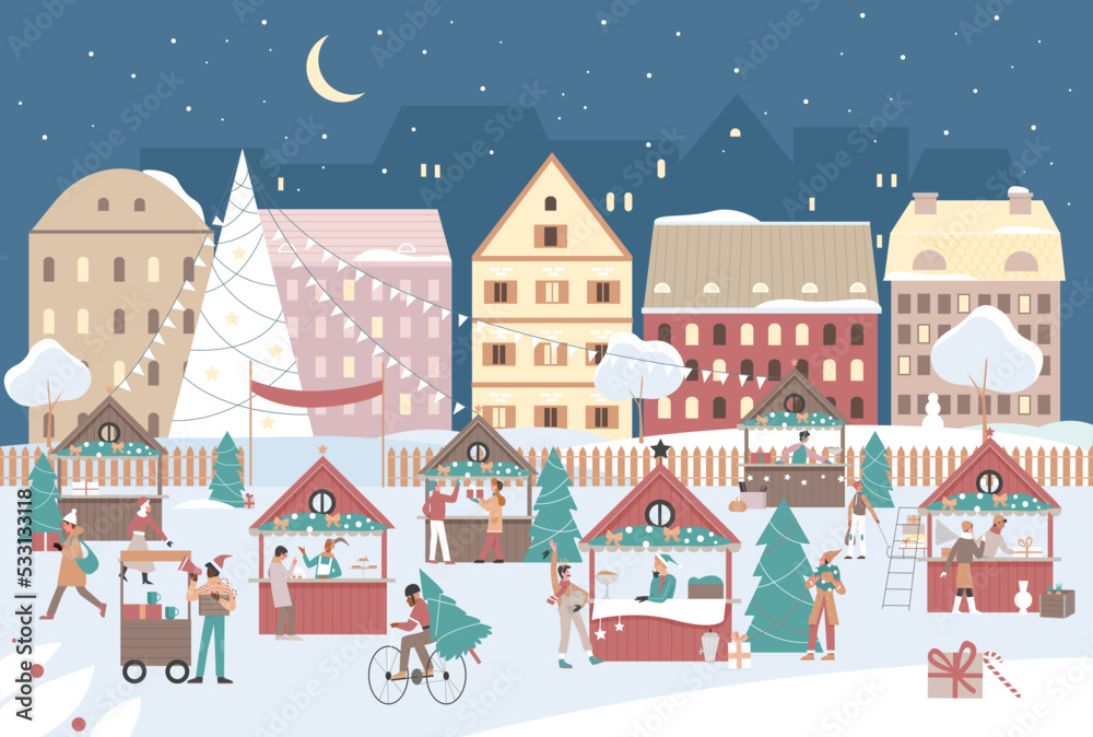 Christmas market scene at evening of winter holidays. Cartoon people shopping on xmas festival or fair with decorated stalls, traditional tree on town square background. Merry Christmas concept