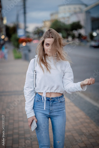 beautiful girl happy in the city