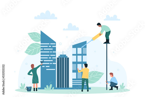Architects building model of modern office skyscraper vector illustration. Cartoon tiny engineers working on town development with builders equipment, planning construction. Architecture concept
